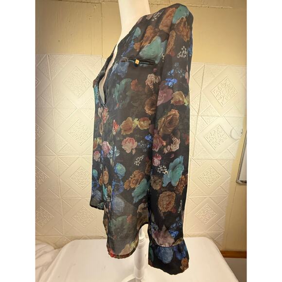 Massimo size Large Top Black Floral Sheer long-sleeve women's blouse flaw - Picture 8 of 16